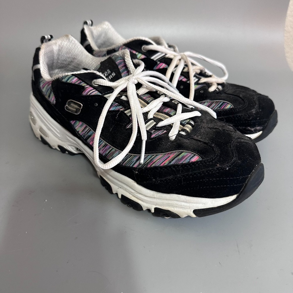 Skechers DLites Womens Black Multi Color Striped Suede Chunky Sneakers 11944